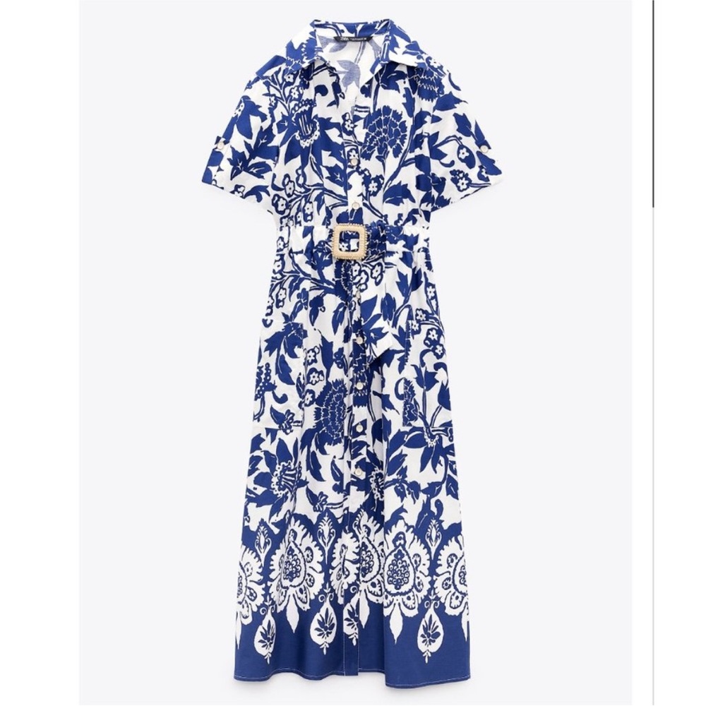 ZARA WOMAN FLORAL PRINT MIDI DRESS BELTED BLUE WHITE 3401/243 - Picture 2 of 10
